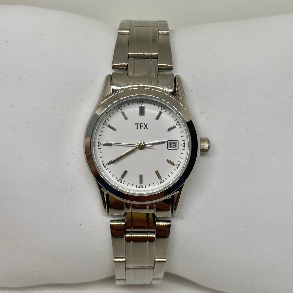 Tfx By Bulova Women Silver Tone Date Quartz Analog Watch White Dial 26mm Running